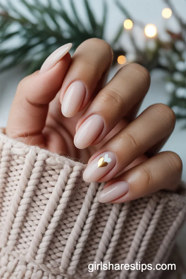 Nude Oval Nails with Heart Accent Design