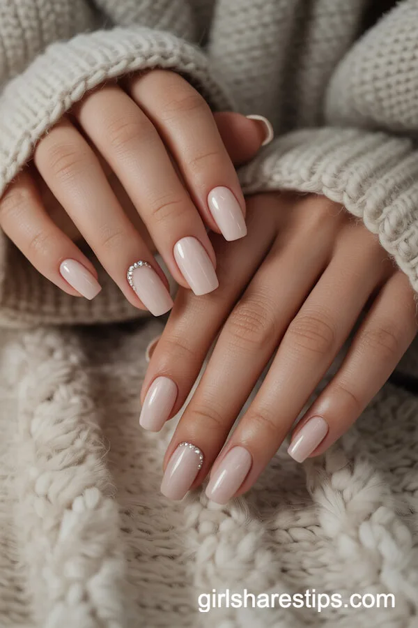 Modern Matte Nude Nails with White and Gold Geometry