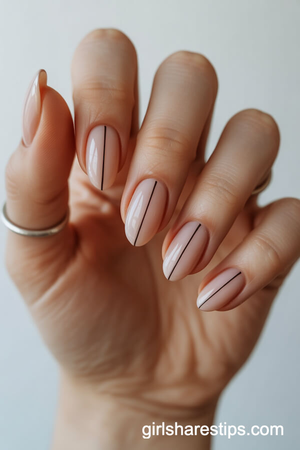 Modern Matte Nude Nails with White and Gold Geometry