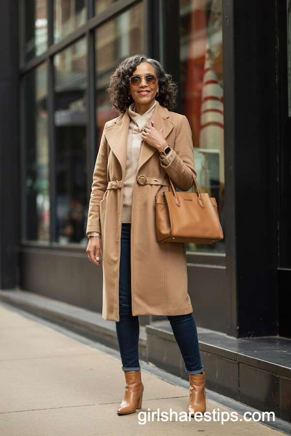 Classic Camel Coat with Skinny Jeans