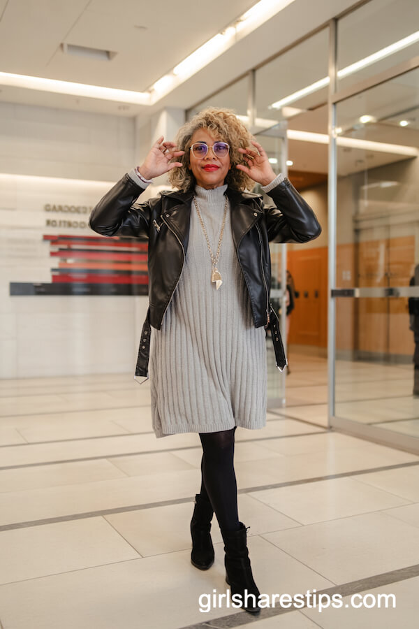 Moto Jacket Layered Over Sweater Dress
