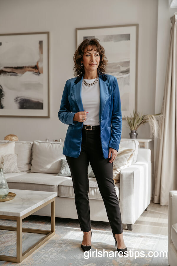 Sapphire Velvet Blazer with Black Pants