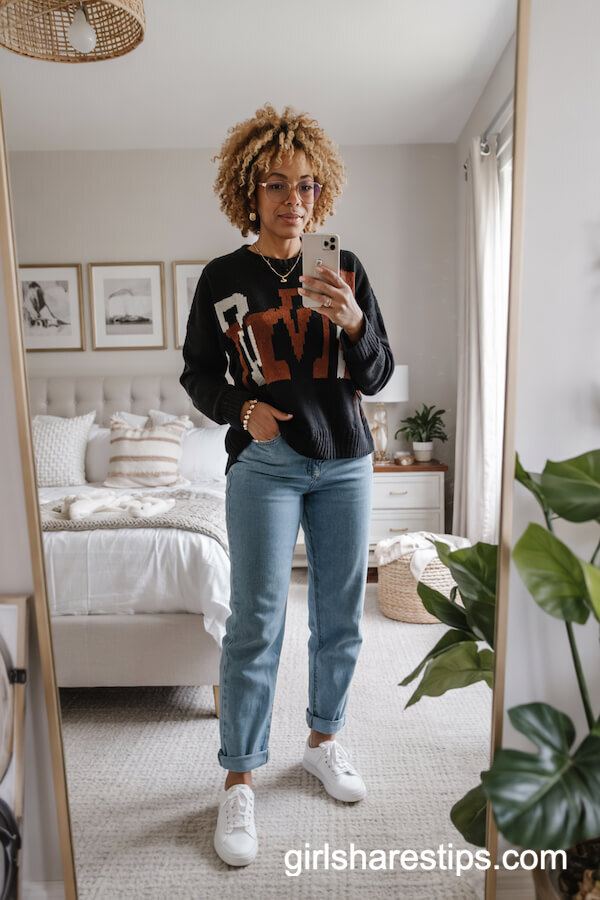Graphic Knit Sweater with Straight Jeans