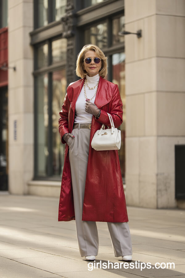 Lux Long Red Coat with Gray Trousers