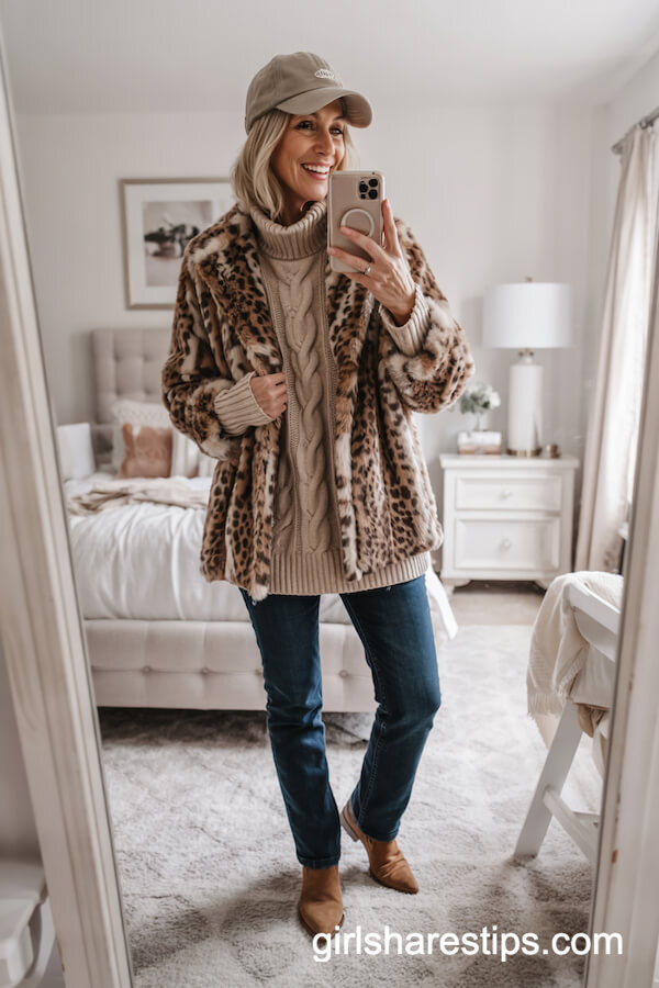 Leopard Print Short Coat & Blue Jeans
