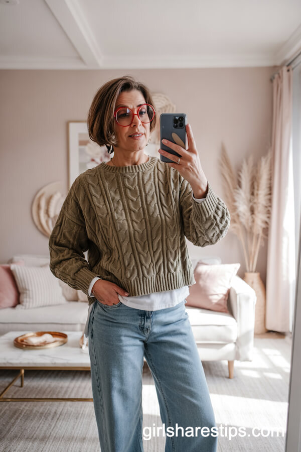 Textured Green Sweater with Wide-Leg Jeans