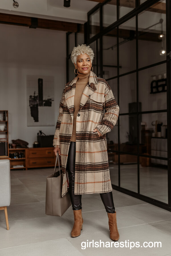 Plaid Wool Coat and Leggings Ensemble