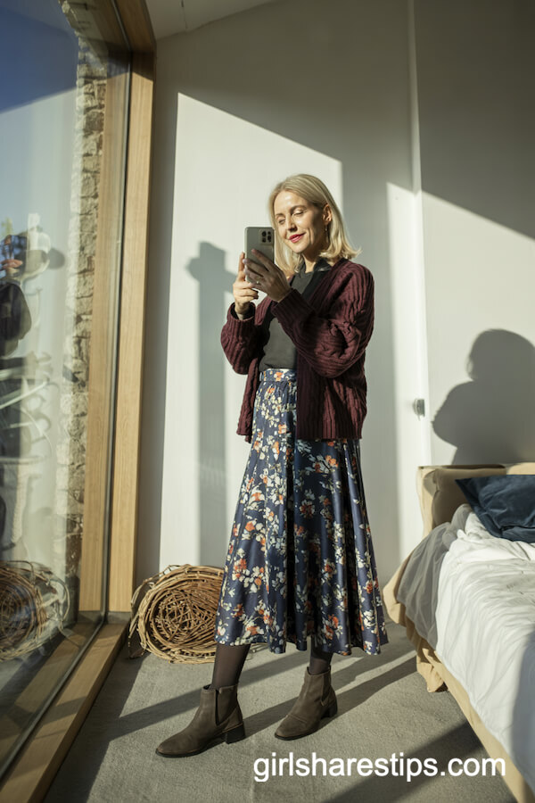 Chunky Cardigan with Floral Midi Skirt