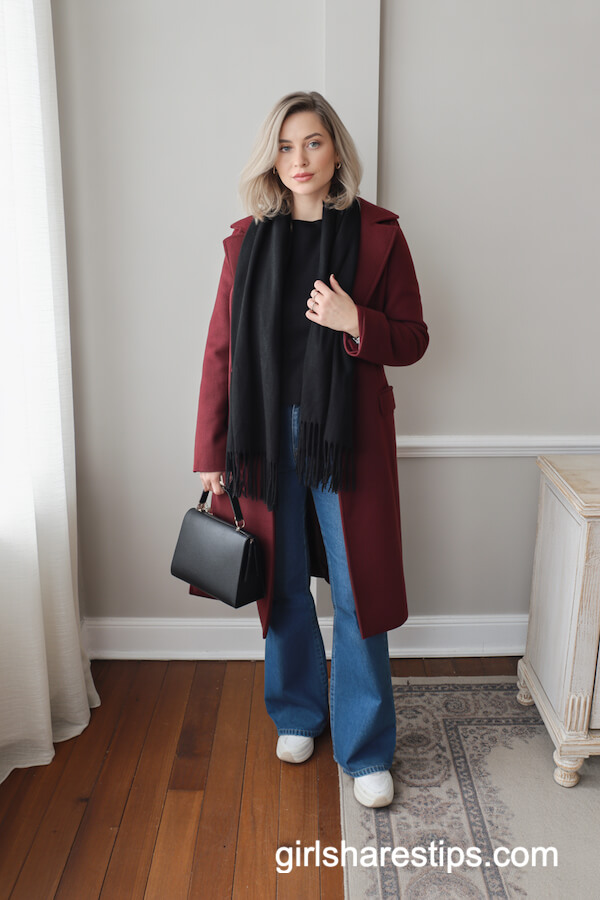 Burgundy Wool Coat with Flared Jeans