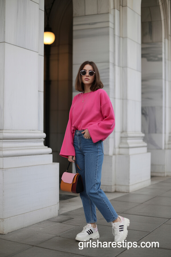 Hot Pink Sweater with Straight-Leg Jeans