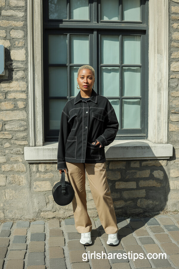 Black Utility Jacket with Khaki Pants