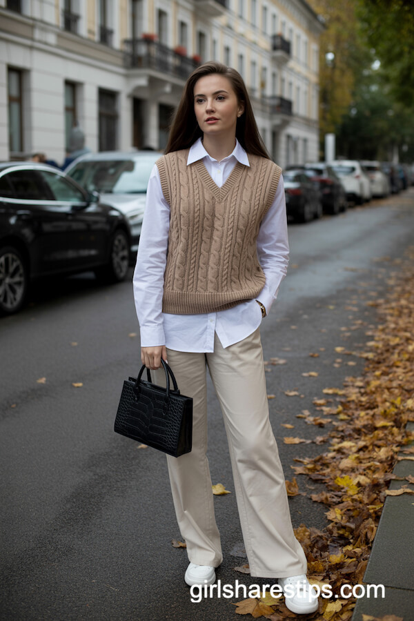 Cable-Knit Sweater Vest and Wide-Leg Pants