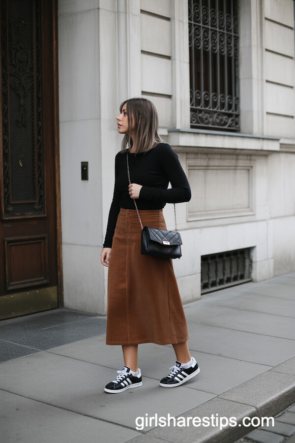 Black Sweater with Corduroy Midi Skirt