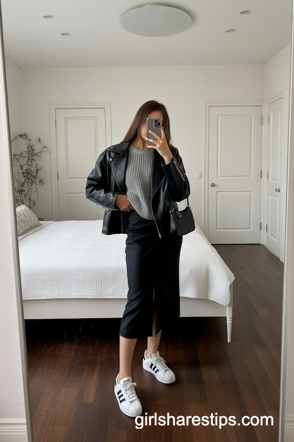 Black Leather Jacket with Knit and Skirt