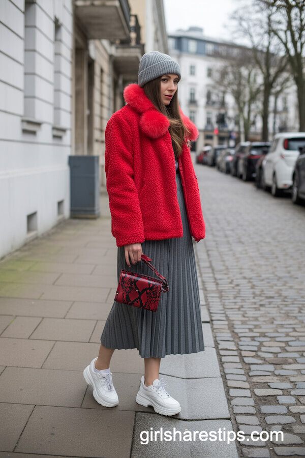 Red Teddy Coat with Pleated Midi Skirt