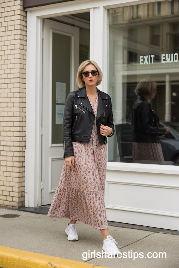 Leather Jacket with Floral Maxi Dress