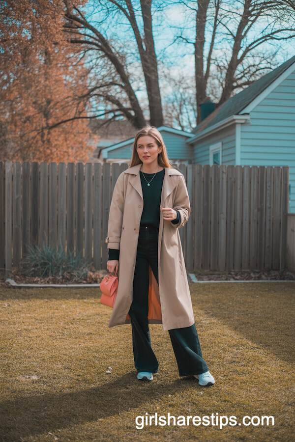 Beige Trench Coat with Wide-Leg Pants