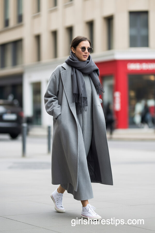 Oversized Gray Wool Coat and Knit Dress