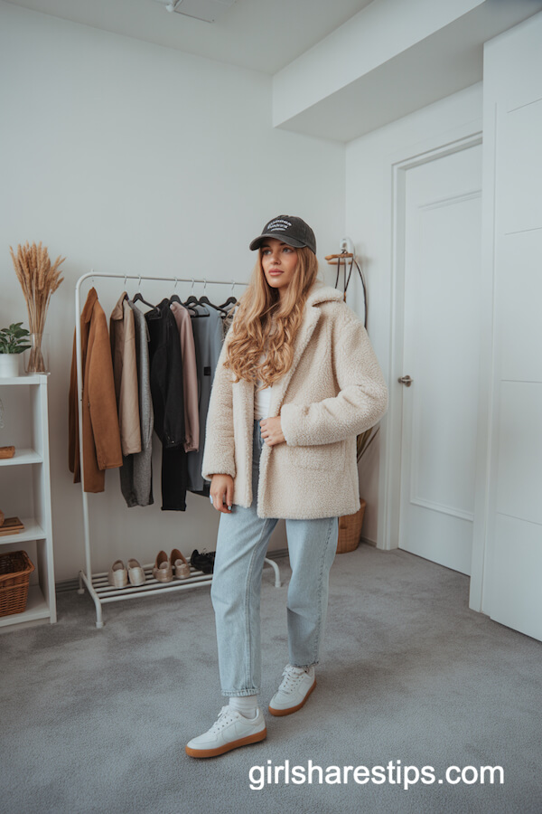 Cream Teddy Coat with Light Wash Jeans