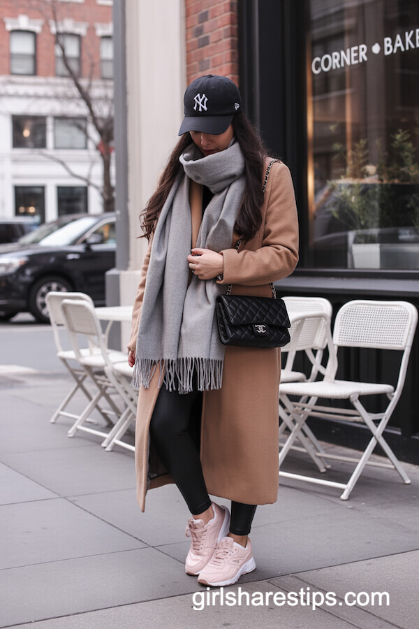 Camel Wool Coat with Pink Sneakers