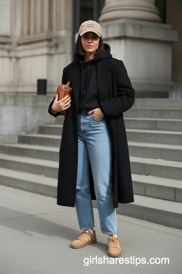 Black Coat with Light Blue Jeans