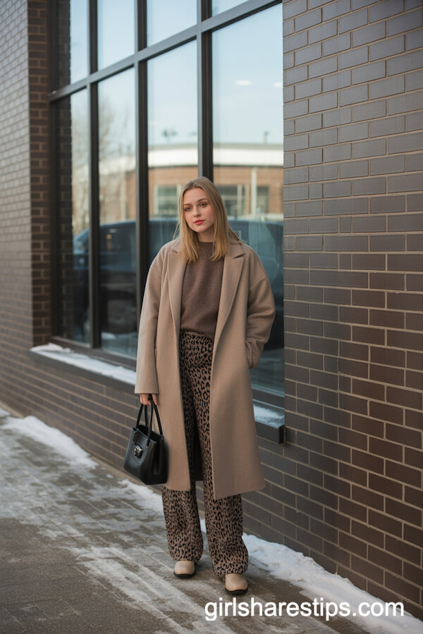 Long Beige Coat with Leopard Wide-Legs