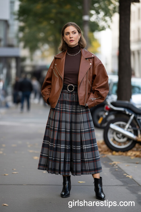 Brown Leather Jacket and Tartan Skirt