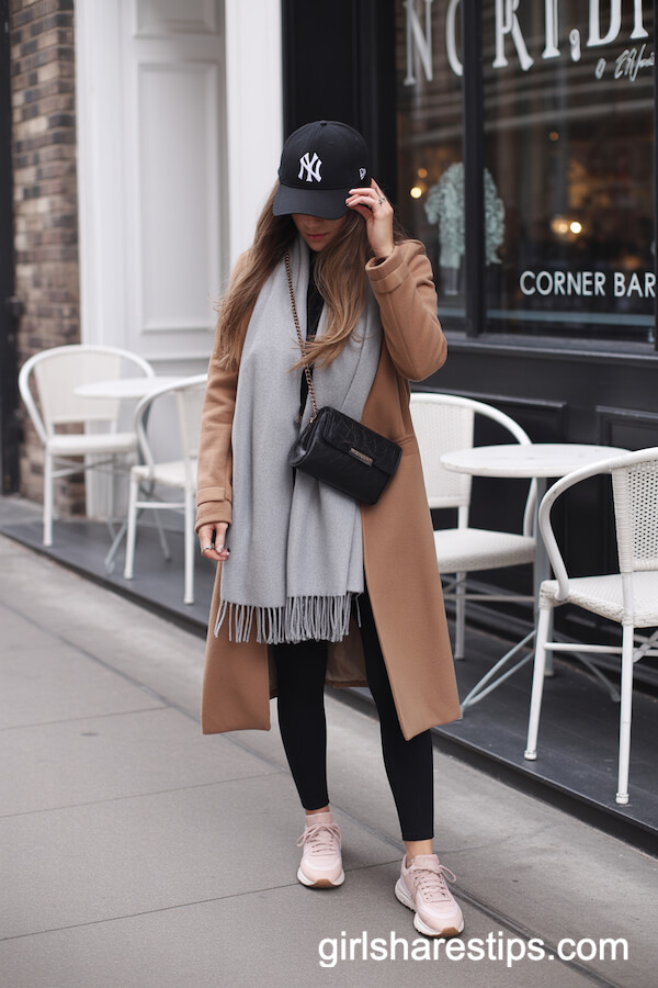 Camel Coat with Pink Sneakers