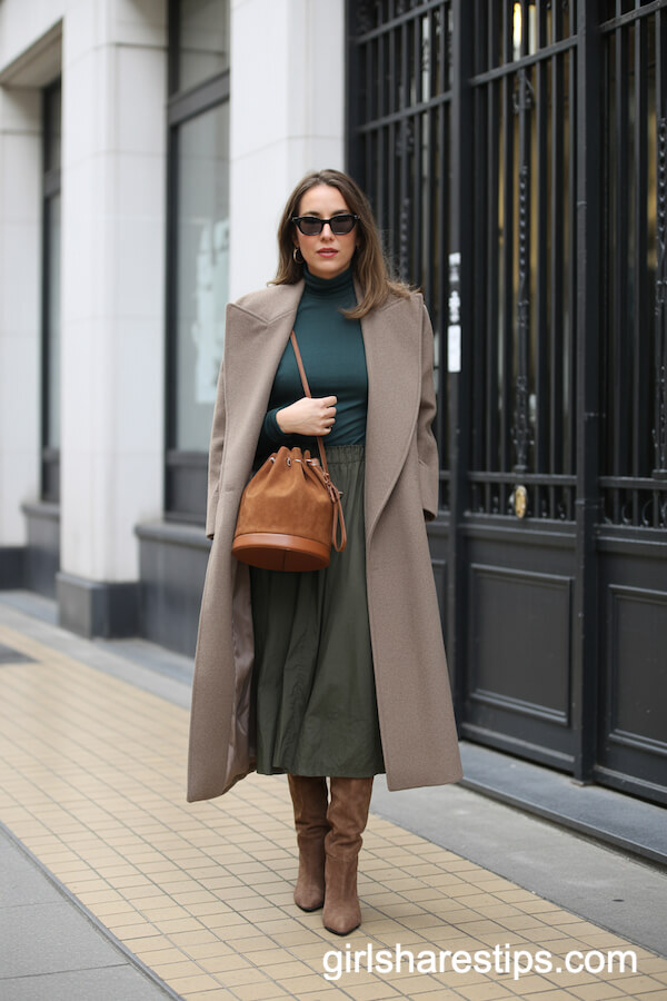 Beige Coat over Green Turtleneck Dress