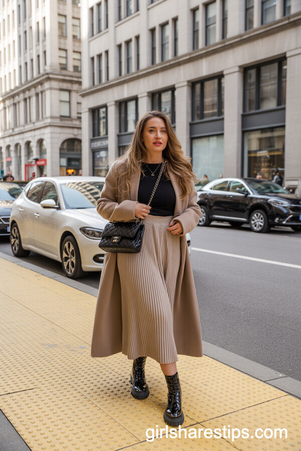 Beige Knit Midi Skirt with Combat Boots
