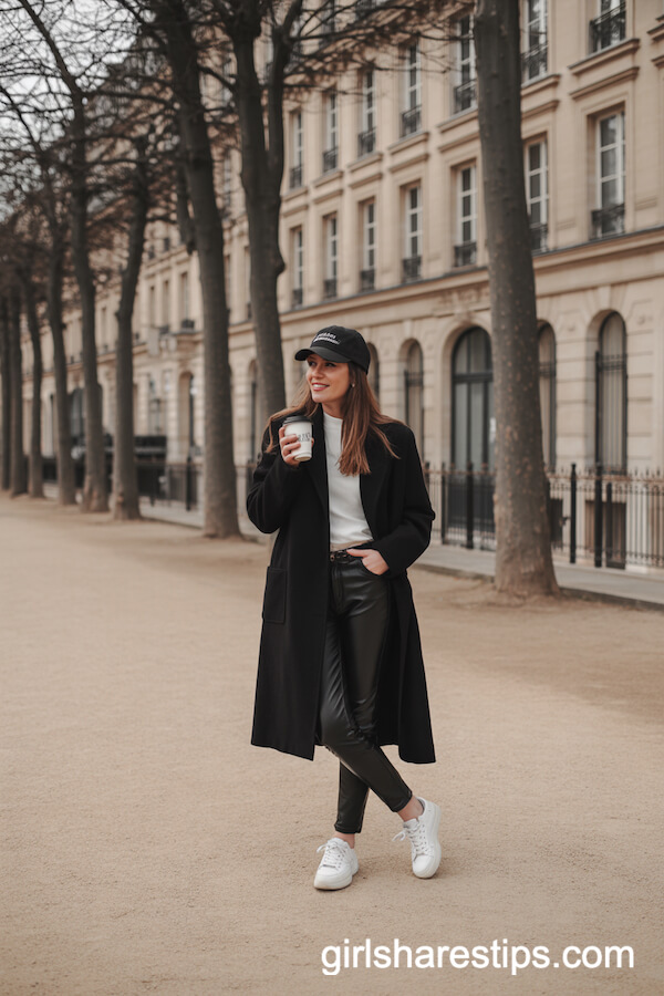 All-Black Wool Coat and Leather Pants