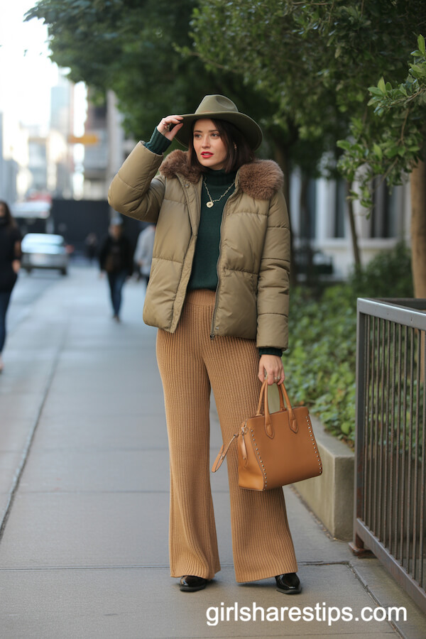 Khaki Puffer and Super Wide-Leg Pants