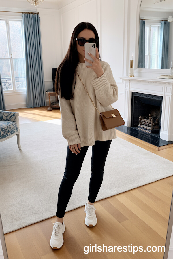  & Chunky Knit Sweater and Black Leggings