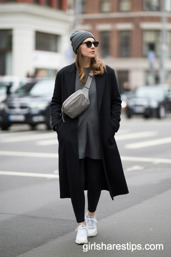 Black Wool Coat with Gray Accessories
