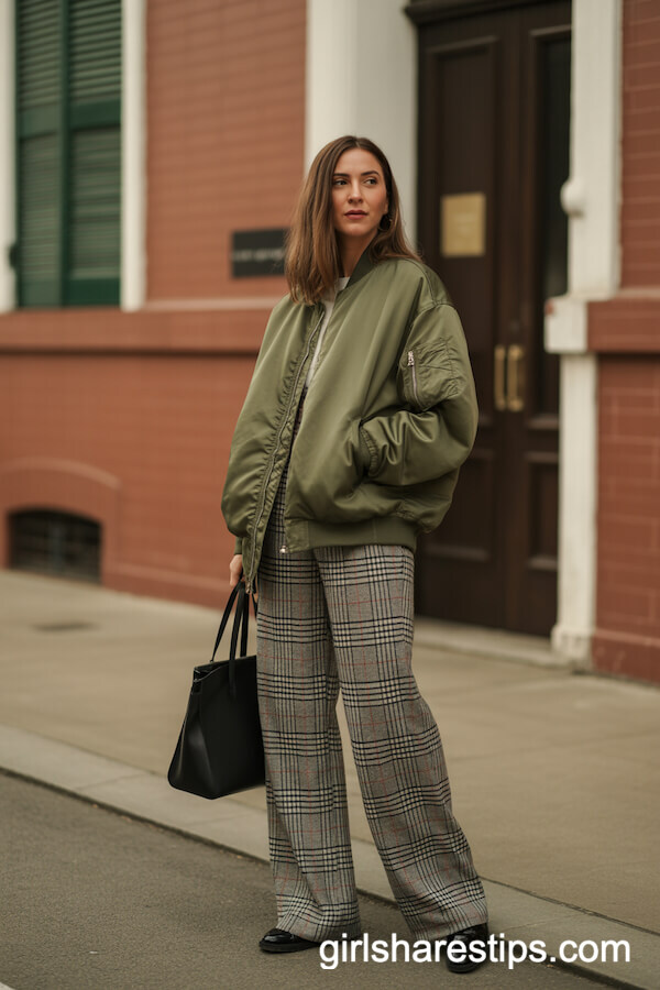 Olive Bomber Jacket with Plaid Pants