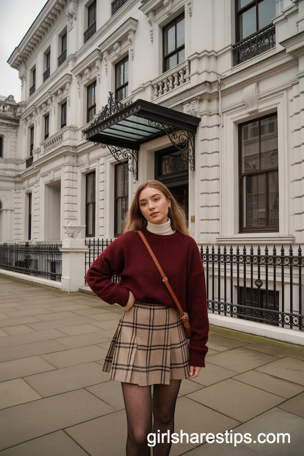 Burgundy Sweater and Plaid Mini Skirt
