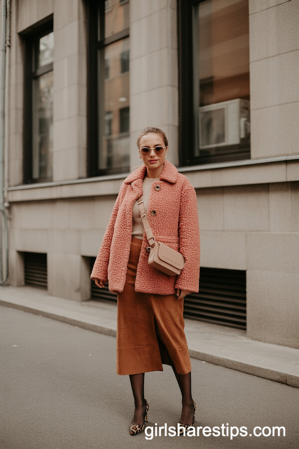 Coral Teddy Coat with Suede Midi Skirt