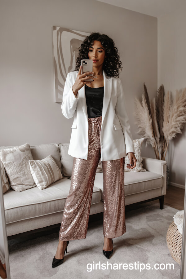White Blazer and Sequin Pants Combo