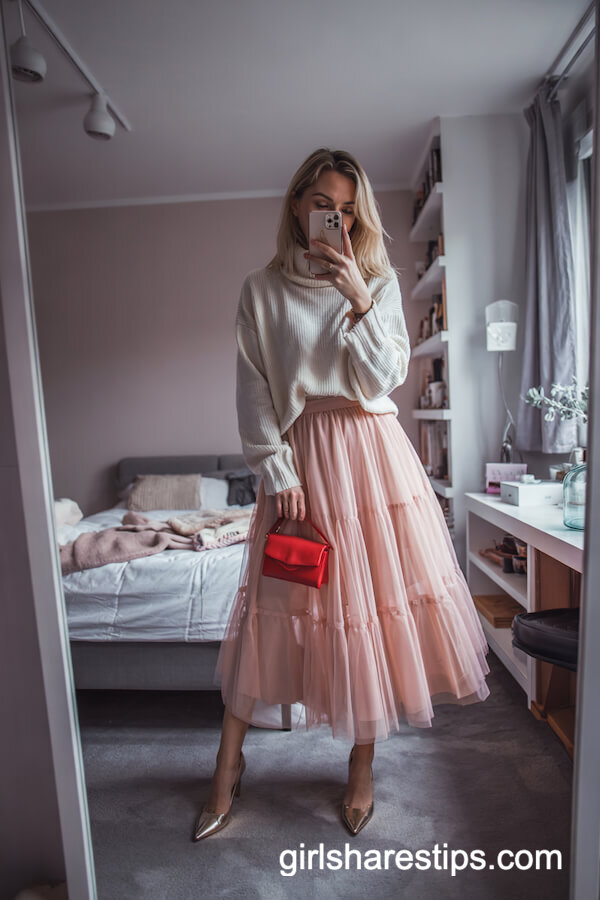 Pink Tulle Skirt with Chunky White Sweater