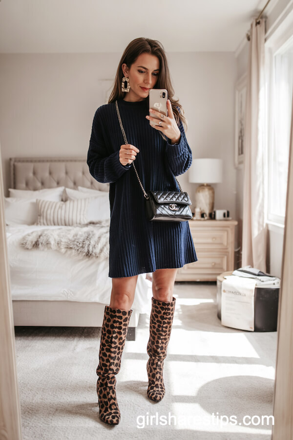 Navy Sweater Dress with Leopard Knee Boots