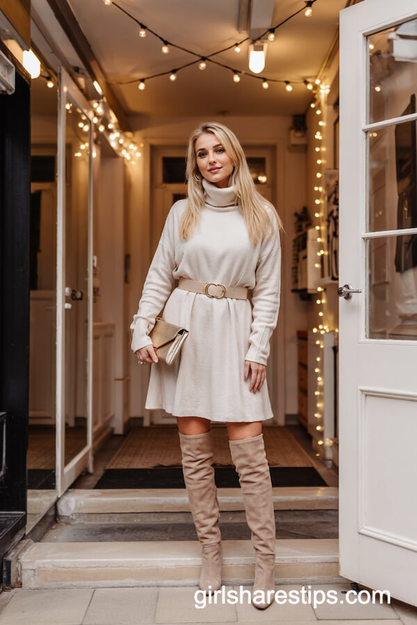White Sweater Dress with Gold Accessories