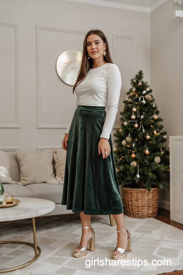 Forest Green Velvet Skirt and White Top