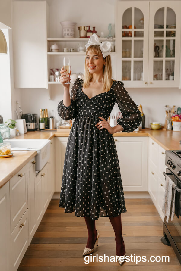 Polka Dot Midi Dress with Burgundy Tights