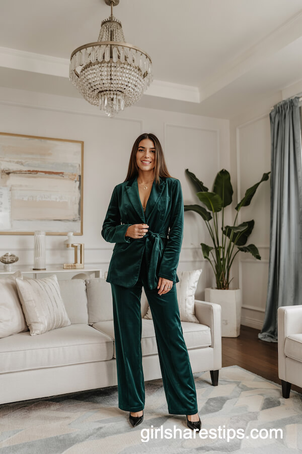 Emerald Velvet Suit with Pointed Pumps