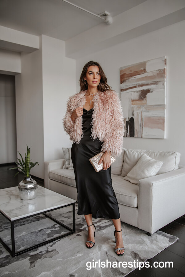 Pink Faux Fur Jacket over Black Slip Dress
