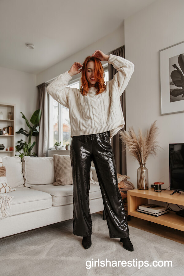 Cream Knit Sweater with Black Sequin Pants