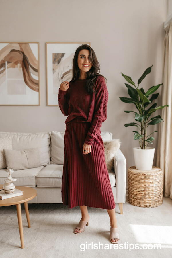 Burgundy Sweater and Ribbed Skirt Set