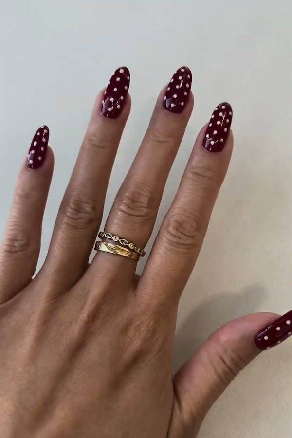 Burgundy with White Polka Dots Nails