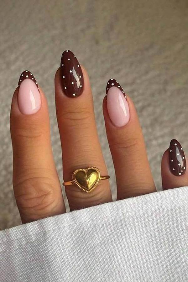 Brown French Tip Polka Dot Nails