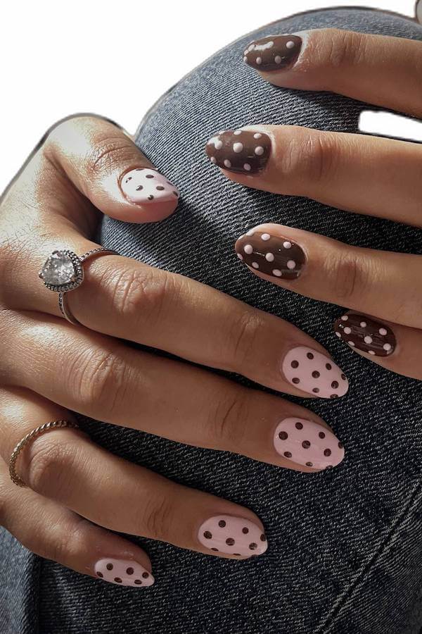 Pink and Brown Polka Dot Nails
